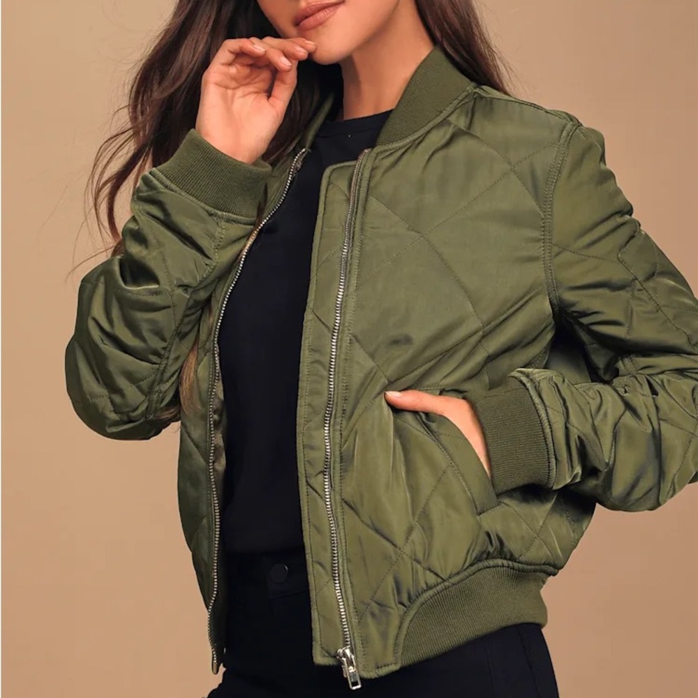 Lulus Expedition Olive Green Quilted Bomber Jacket